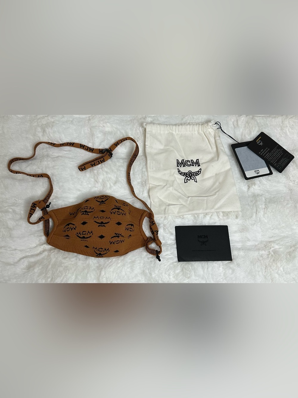 NEVER USED! MCM Cognac Brown Logo Knit Face Cover with Branded Strap